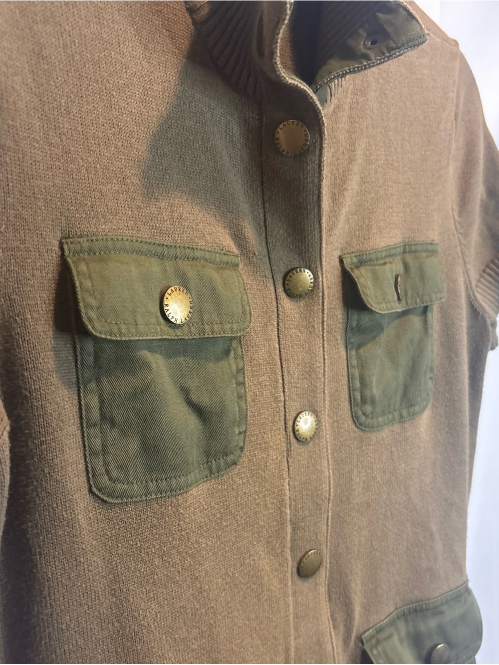 Ralph Lauren Brown Knit Short-Sleeve Cardigan with Olive Patch Pockets - Picture 5 of 12